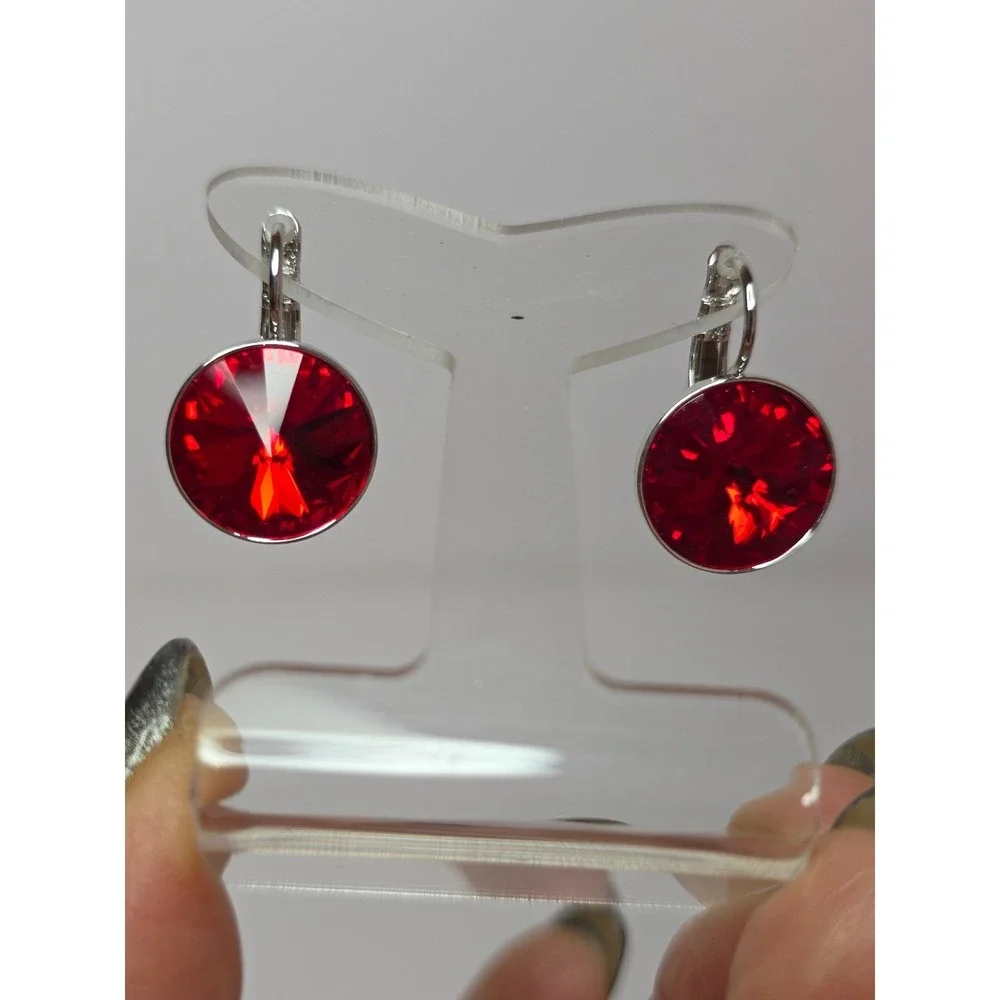 NEW SwarovskiElements Lt Siam/Red Round Leverback Earrings 15mmPlatinum Plated